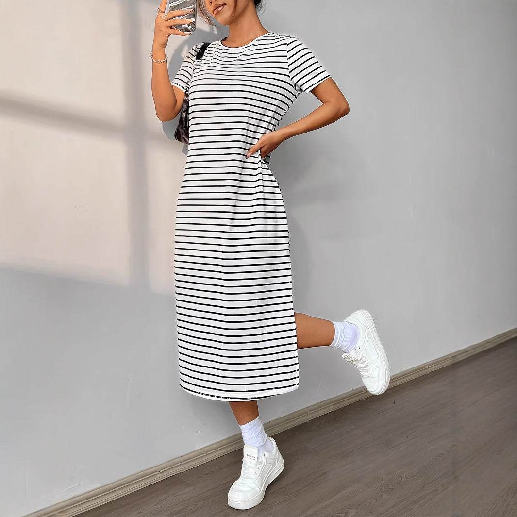 Casual Striped Short Sleeve Midi Dress for Women - Nocini