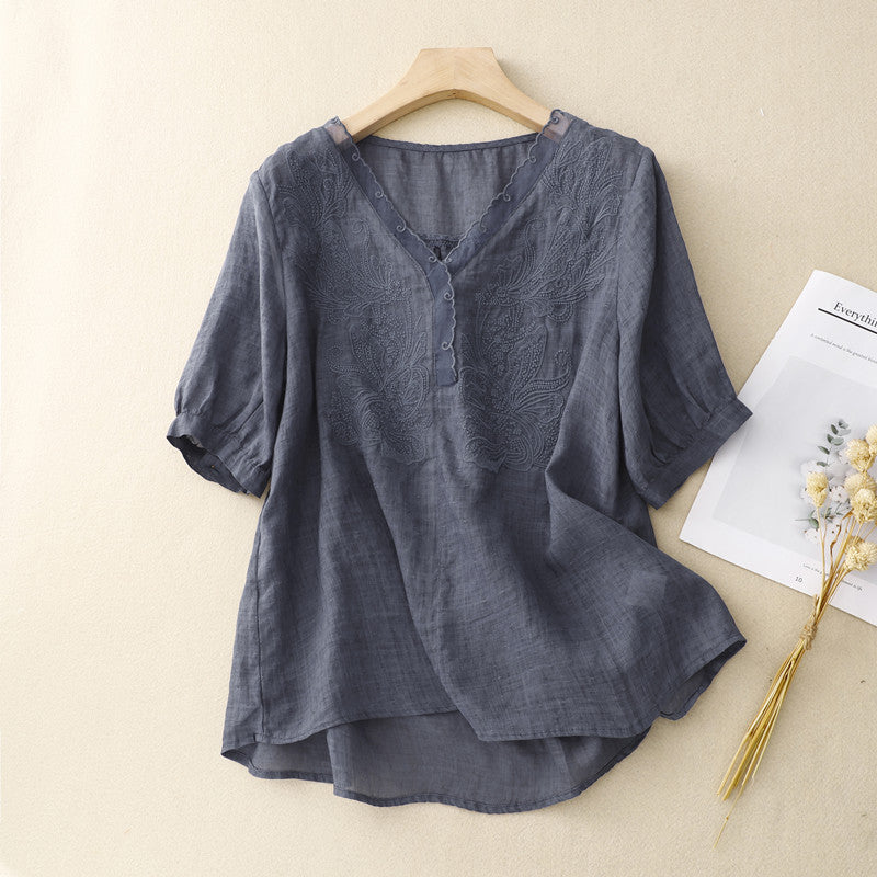 Relaxed Fit V-Neck Women's Top with Embroidery