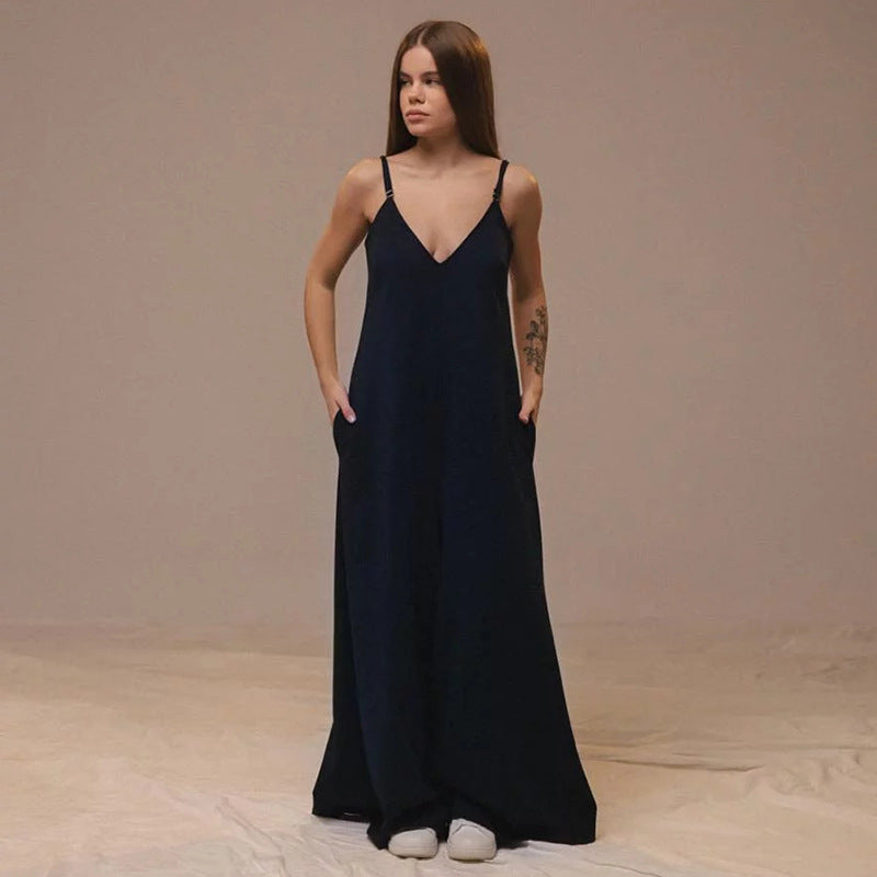 Relaxed Fit Women's V-Neck Linen Jumpsuit