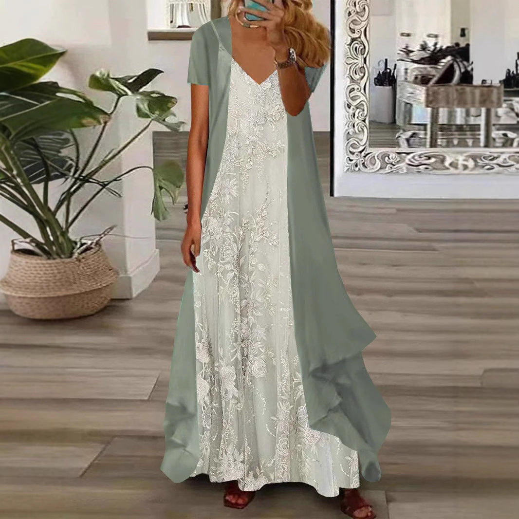 Loose Fit Women's Maxi Dress with V Neck and Lace - Nocini