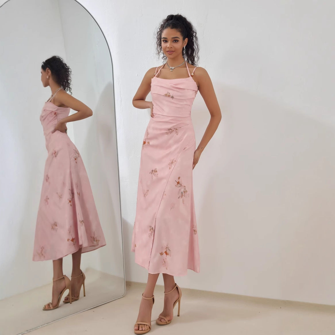 Ladies Satin A-Line Dress with Straps Midi Style - Nocini