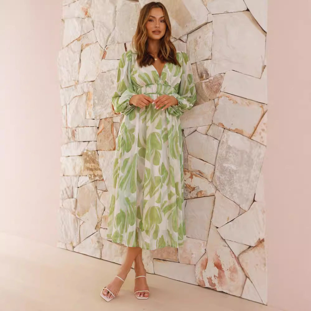 Elegant Floral V-Neck Maxi Dress with Long Sleeves - Nocini