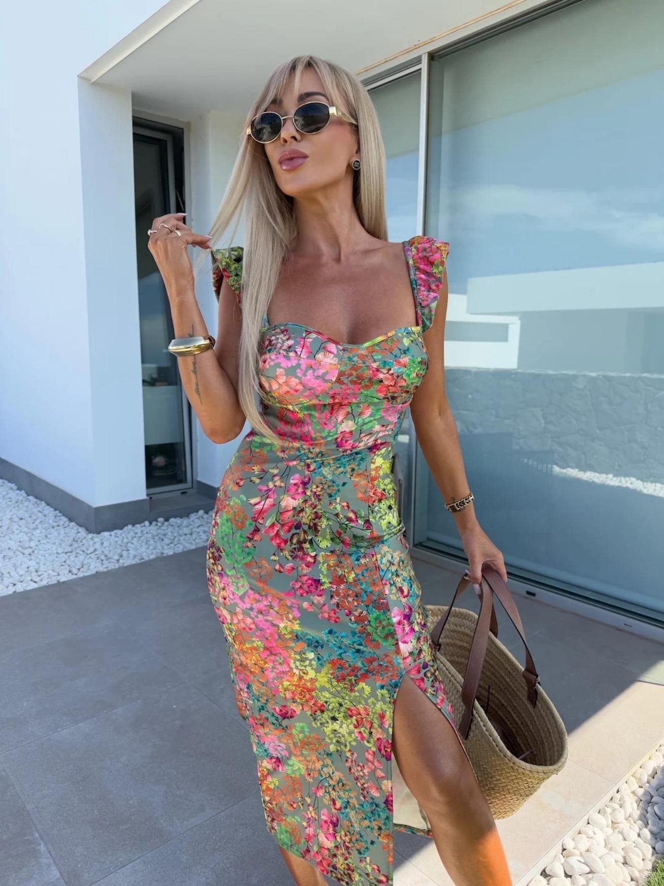 Feminine Floral Midi Dress with Ruffled Straps