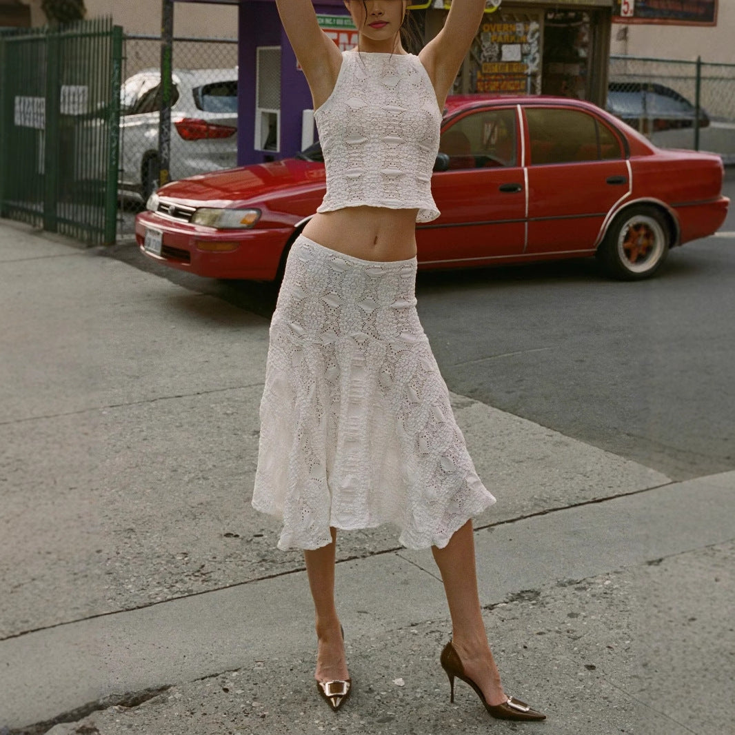Women's Summer 2 Piece Outfit Crop Top Midi Skirt - Nocini