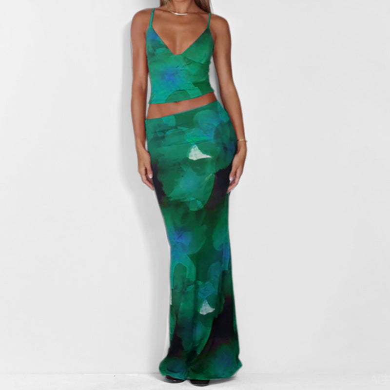 Women's Vest and Maxi Skirt Set with V Neckline