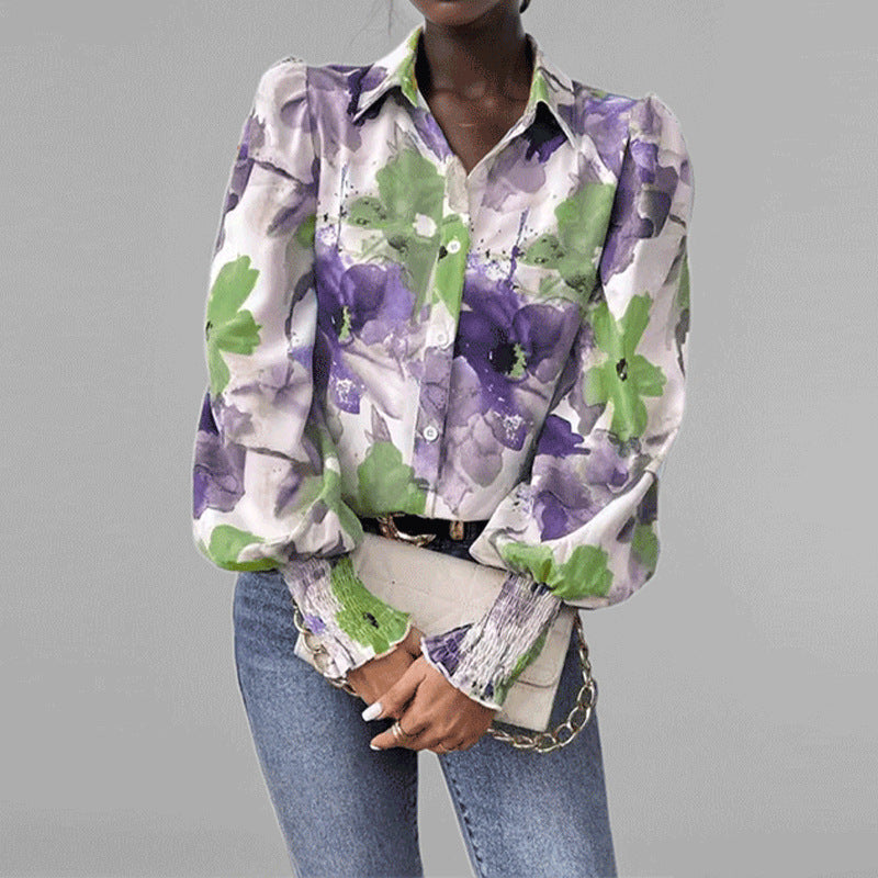 Loose Fit Floral Ruffle Sleeve Women's Top