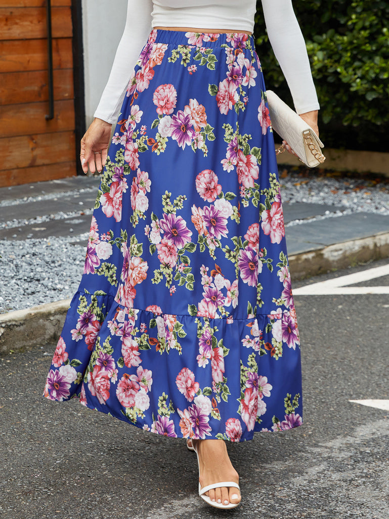 Long Floral Maxi Skirt with Elastic Waist - Nocini