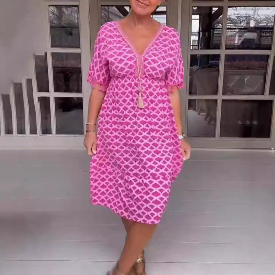 Casual V Neck Midi Dress with Tassels and Short Sleeves