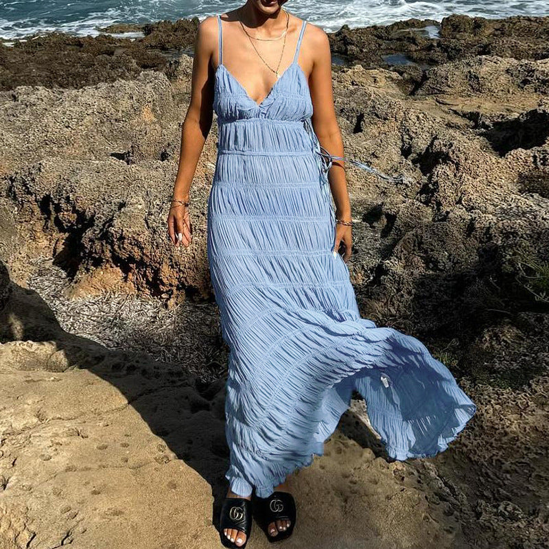 Elegant V Neck Maxi Dress with Open Back