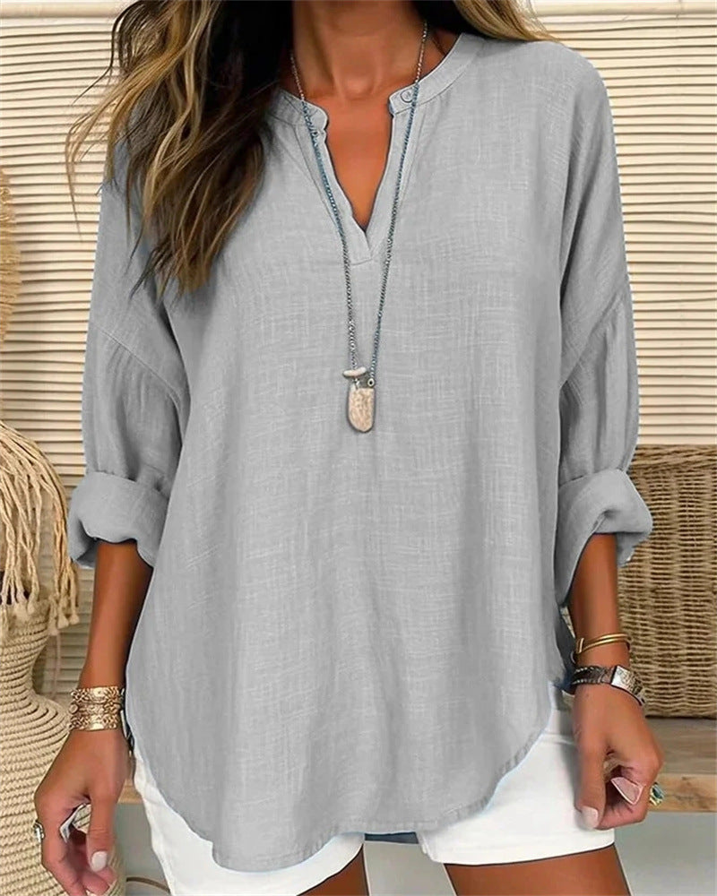 Casual V-Neck Women's Cotton Shirt