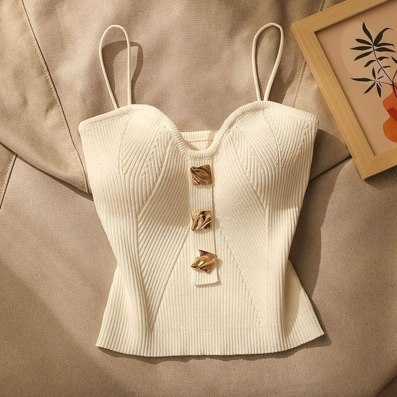Women's Fitted Tank Crop Top with Thin Straps and Gold Trim - Nocini