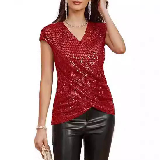 Women's V-Neck Sequin Blouse Slim Fit Top