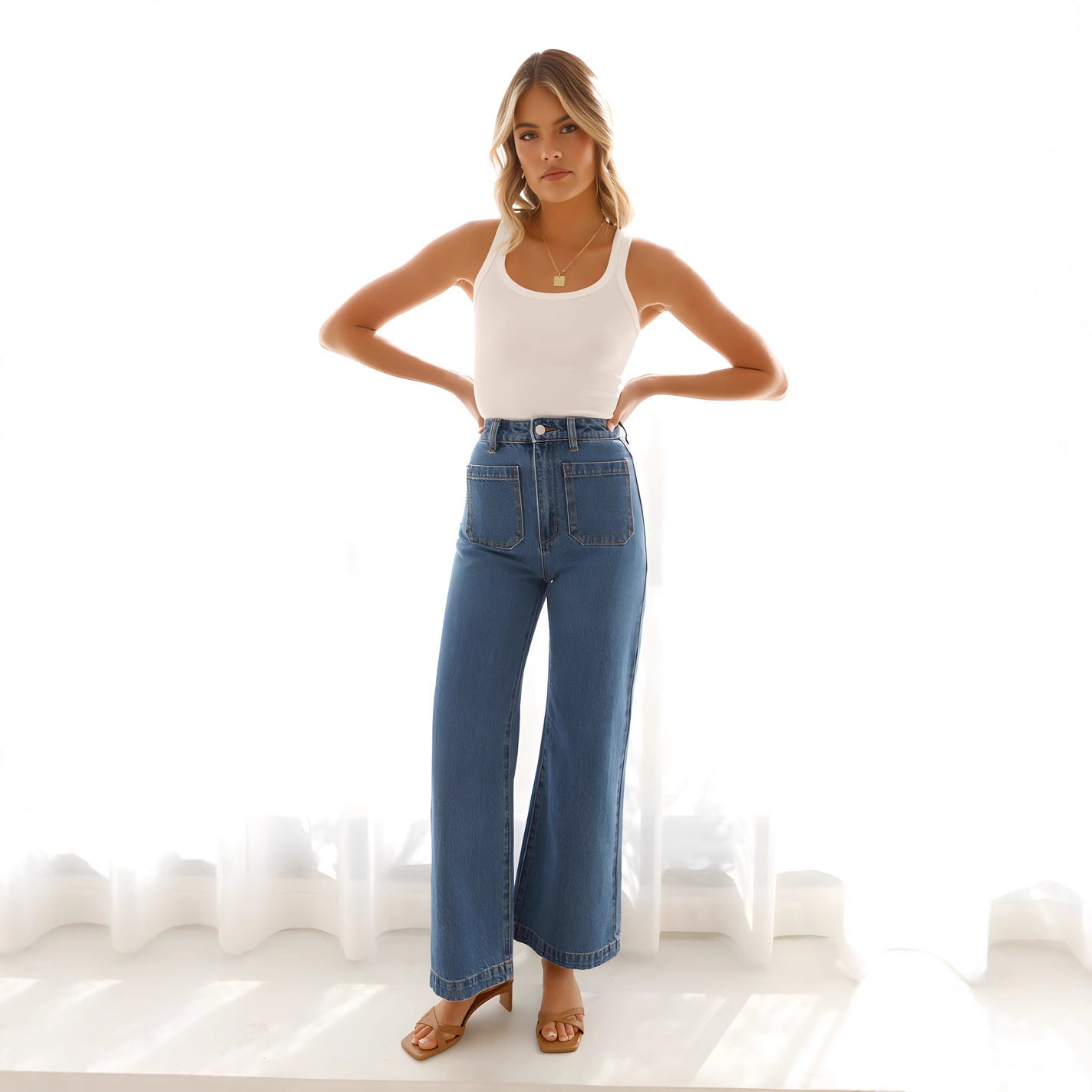Women's High Waist Wide Leg Full Length Jeans - Nocini