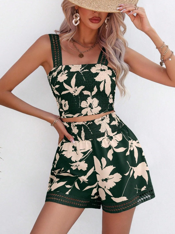 Ladies Floral Cotton Shorts Set with Lace Trim