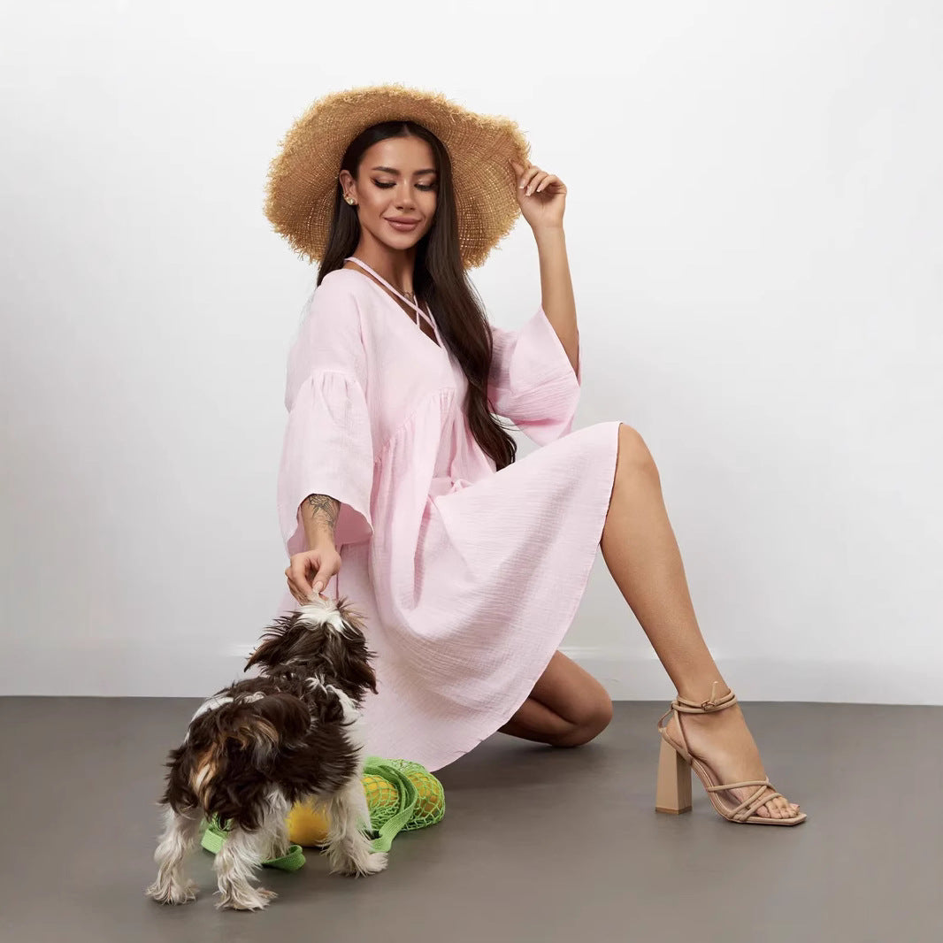 Relaxed Fit V-Neck Casual Summer Dress - Nocini