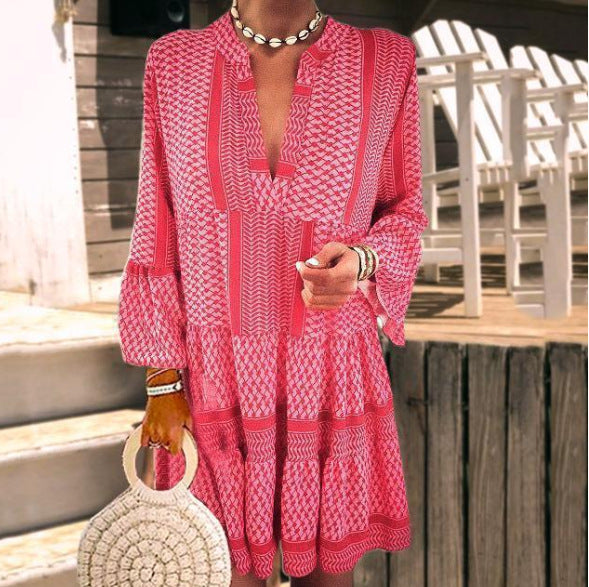 Women's Casual V-Neck Dress with Long Sleeves - Nocini