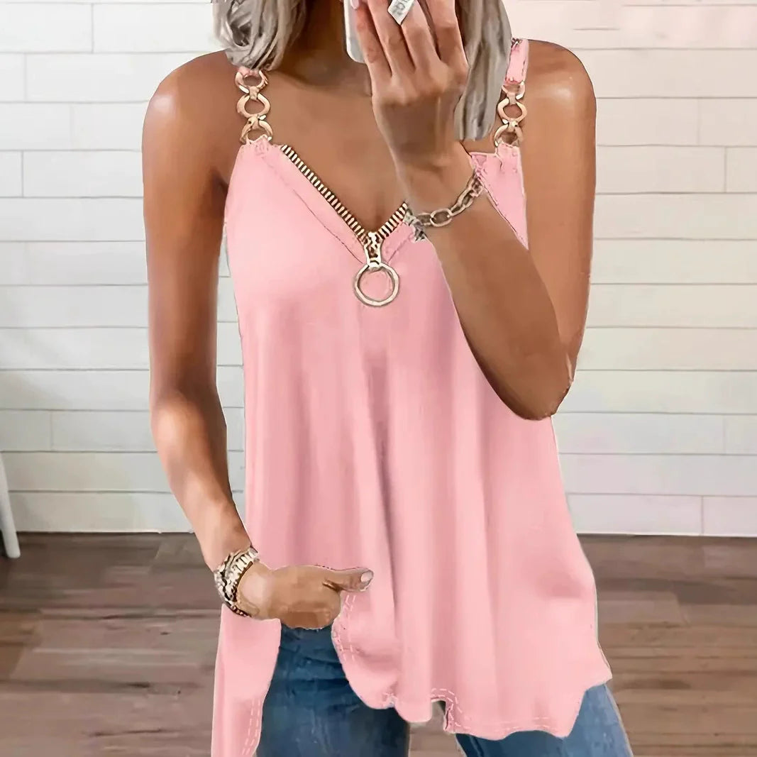 Casual V Neck Tank Top with Metal Chain Strap