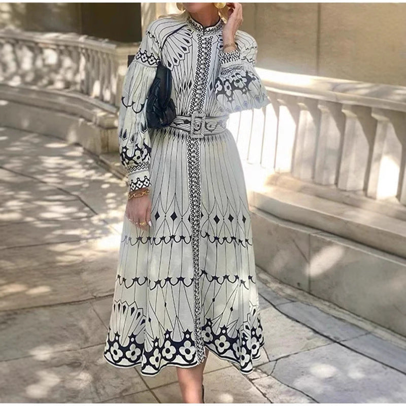 Ladies' Midi Dress with Flared Sleeves and Waist Belt - Nocini