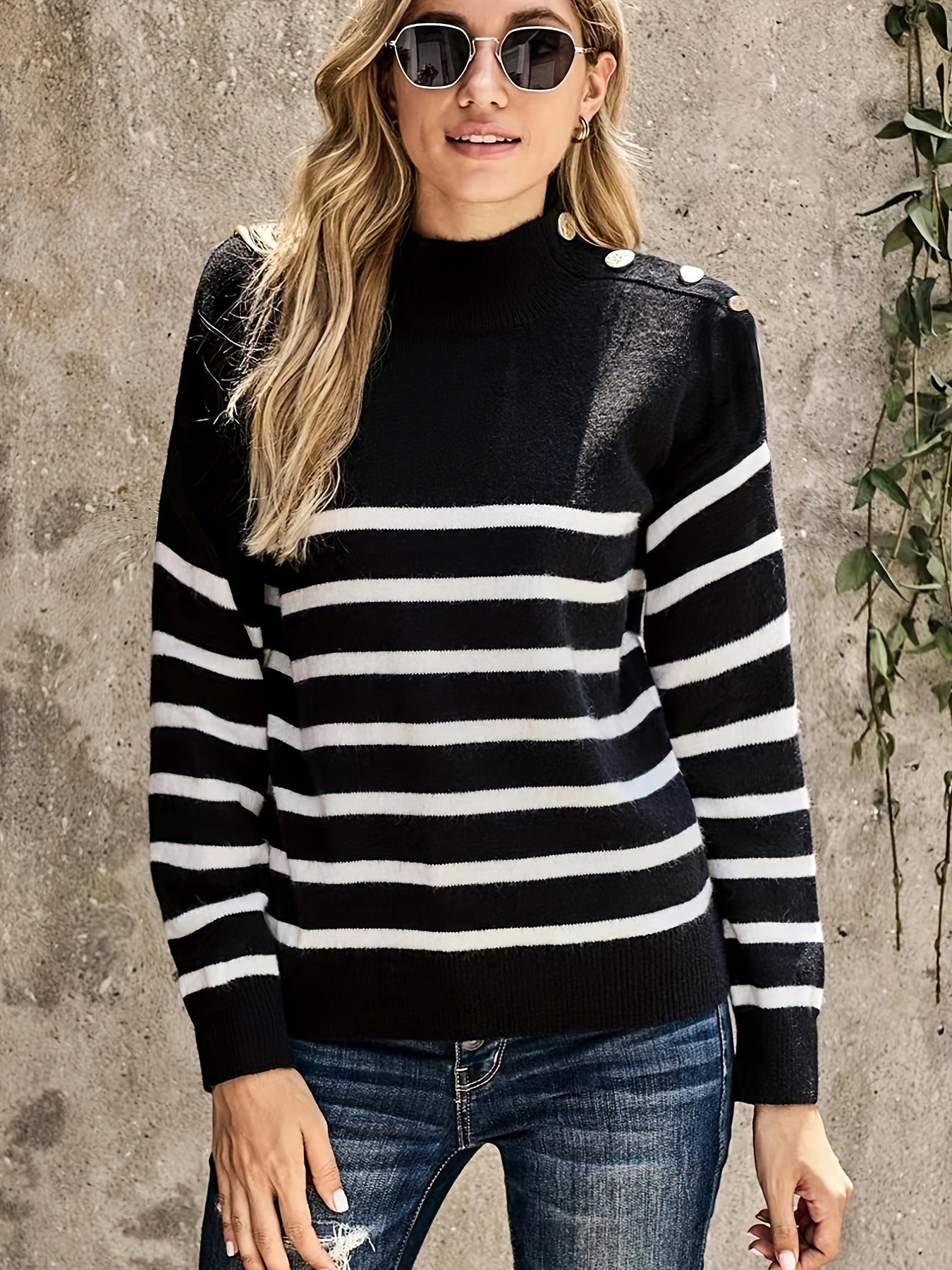 Classic Striped Crew Neck Long Sleeve Women's Sweater - Nocini