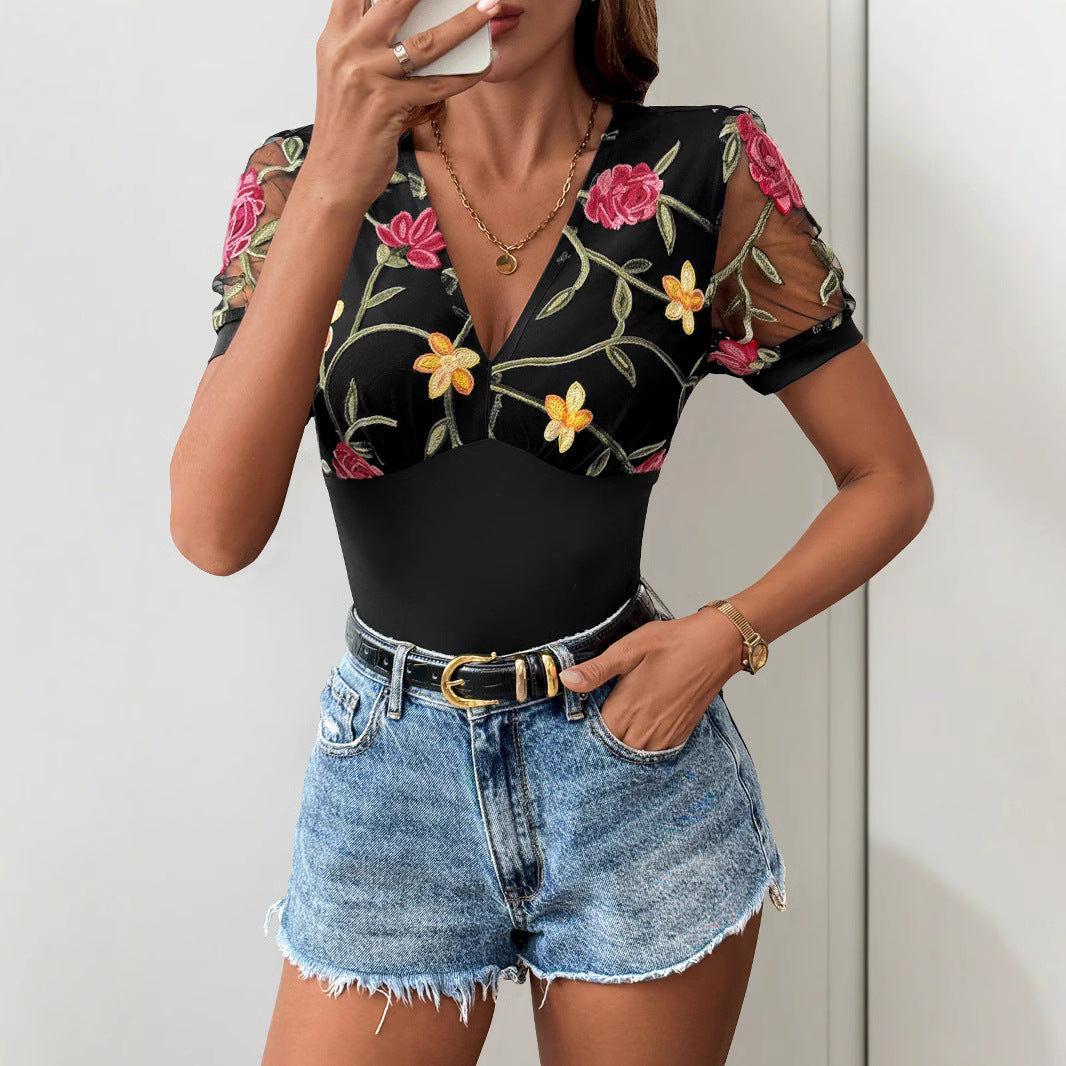 Women's V-Neck Bodysuit with Mesh and Short Sleeves - Nocini