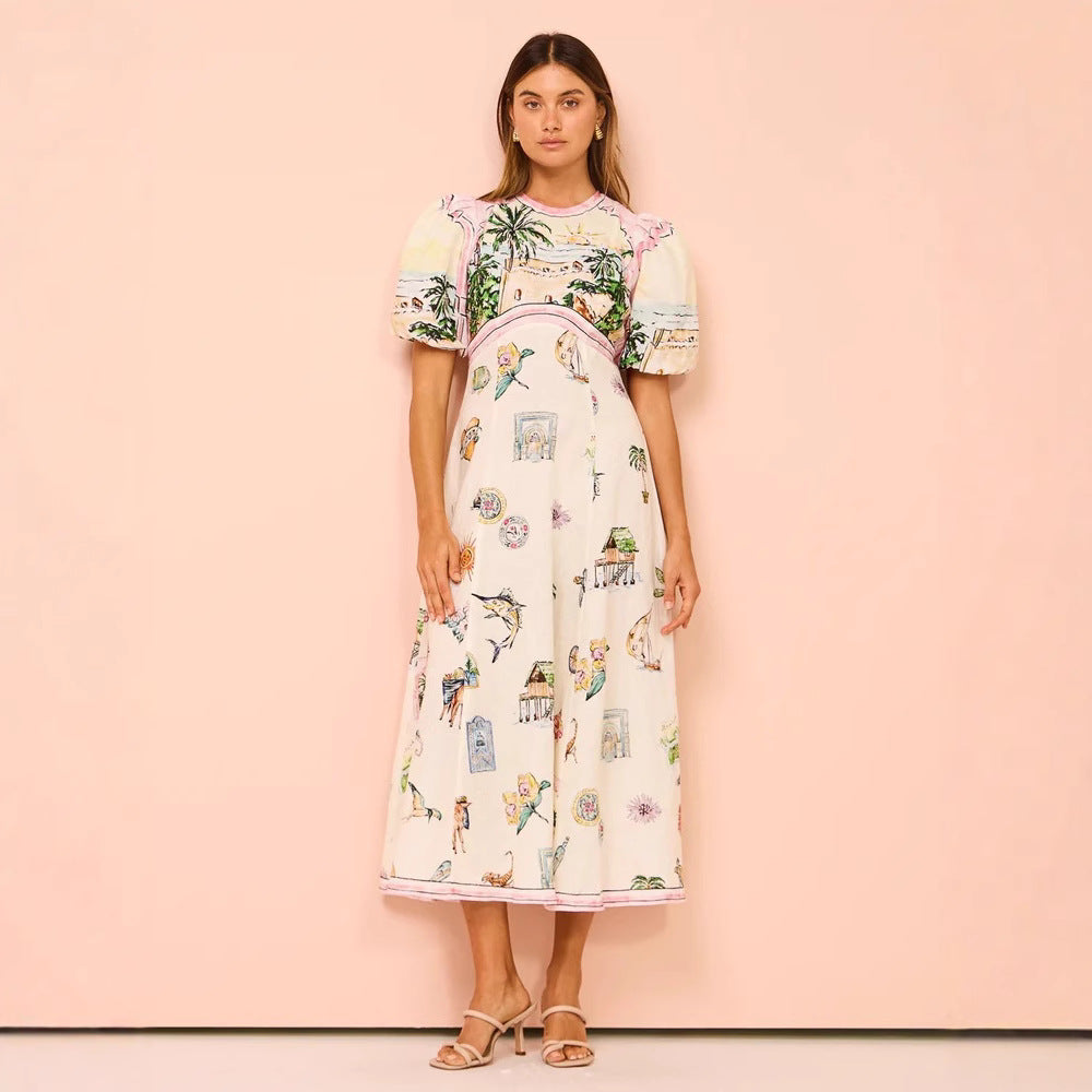 Ladies' Floral Maxi Dress with Puffy Sleeves - Nocini