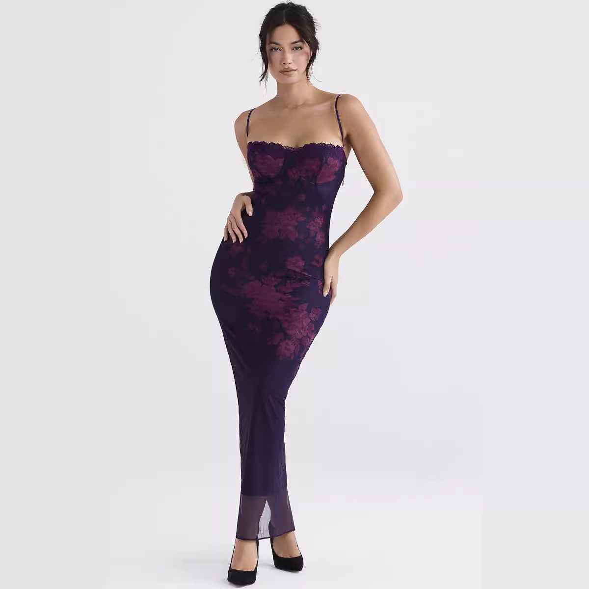 Slim Fit Floral Maxi Dress with Open Back Detail - Nocini