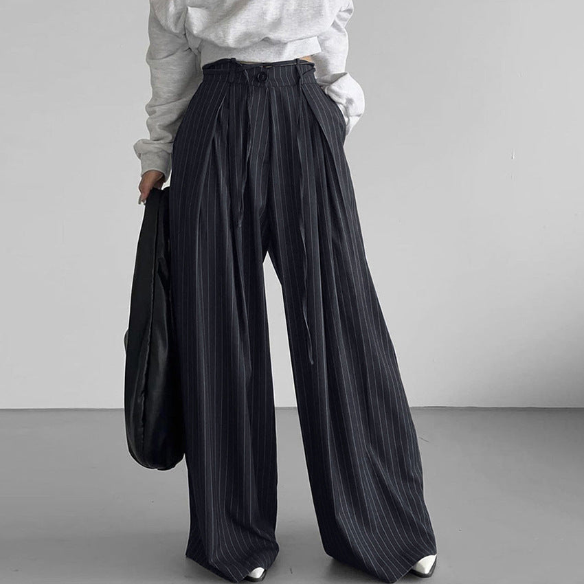Loose Fit High Waisted Striped Pants with Tie Waist - Nocini