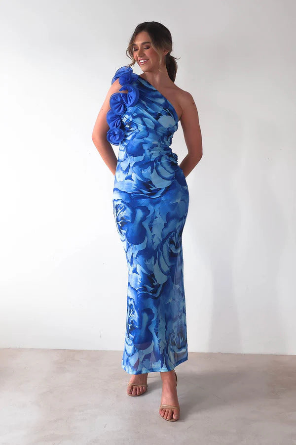 Chic One Shoulder Midi Dress with Floral Detail