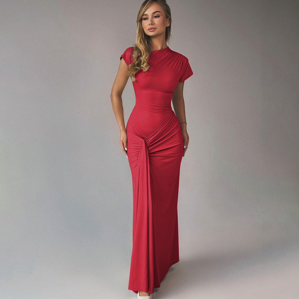 Women's Classic Maxi Dress with Flared Waist and Cap Sleeves
