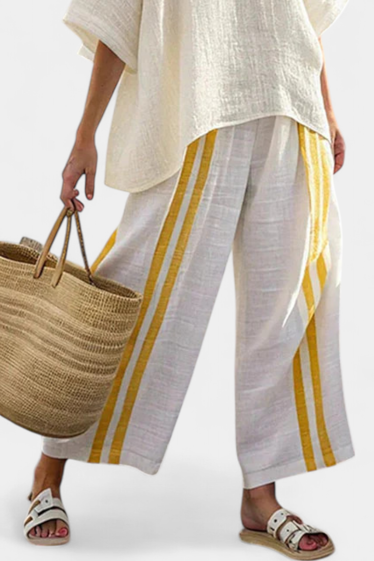 Classic Yellow Stripe Cotton Blouse & Trousers
