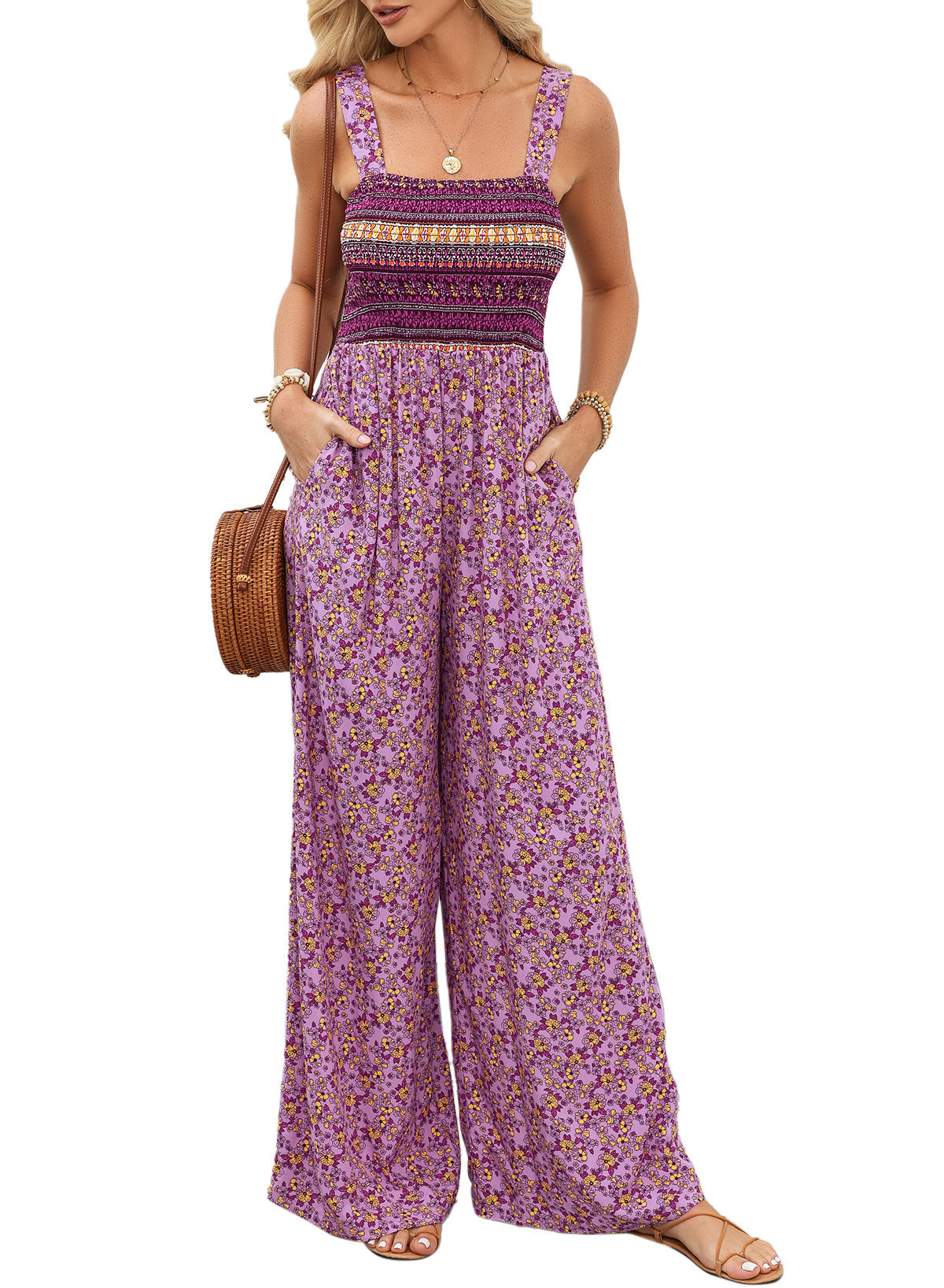 Women's Flowy V Neck Jumpsuit with Loose Fit and Pockets