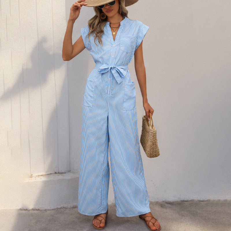 Casual Striped Short Sleeve Jumpsuit for Women - Nocini