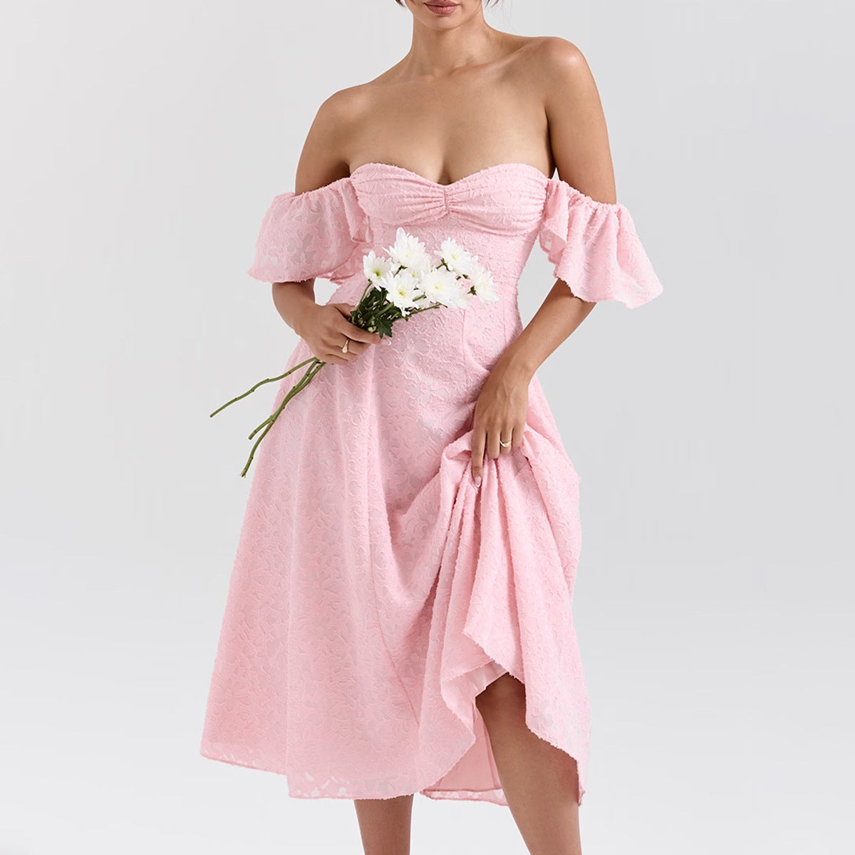 Chic Lace Midi Dress for Women Off Shoulder - Nocini