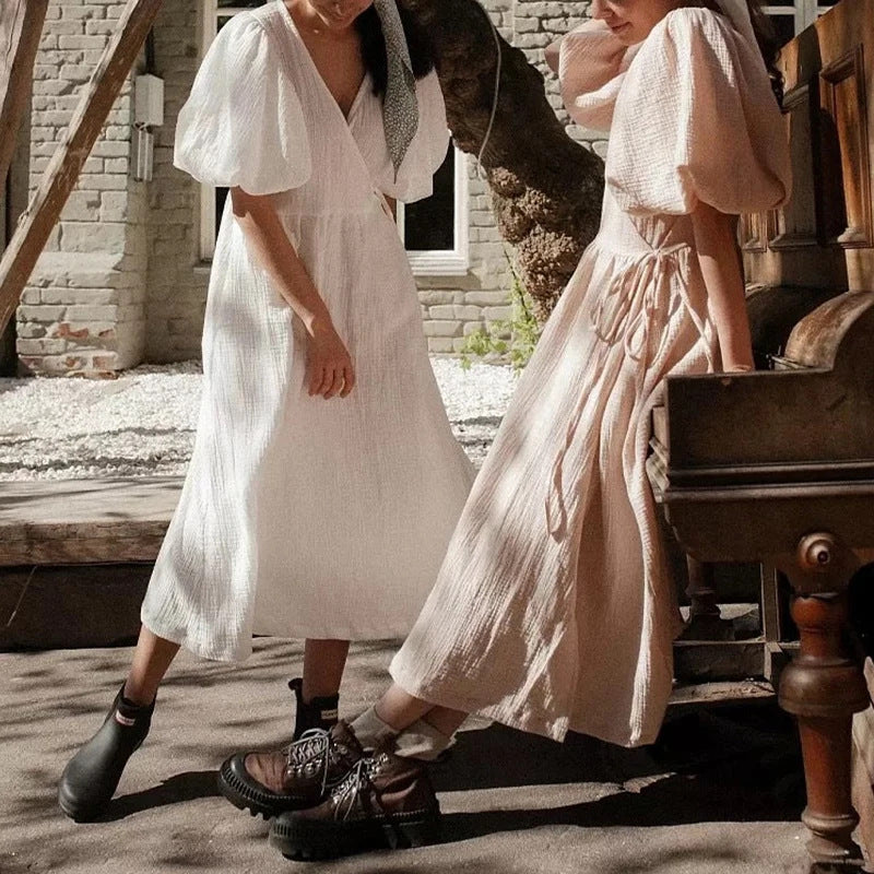 Comfy V Neck Maxi Dress with Puffy Sleeves - Nocini
