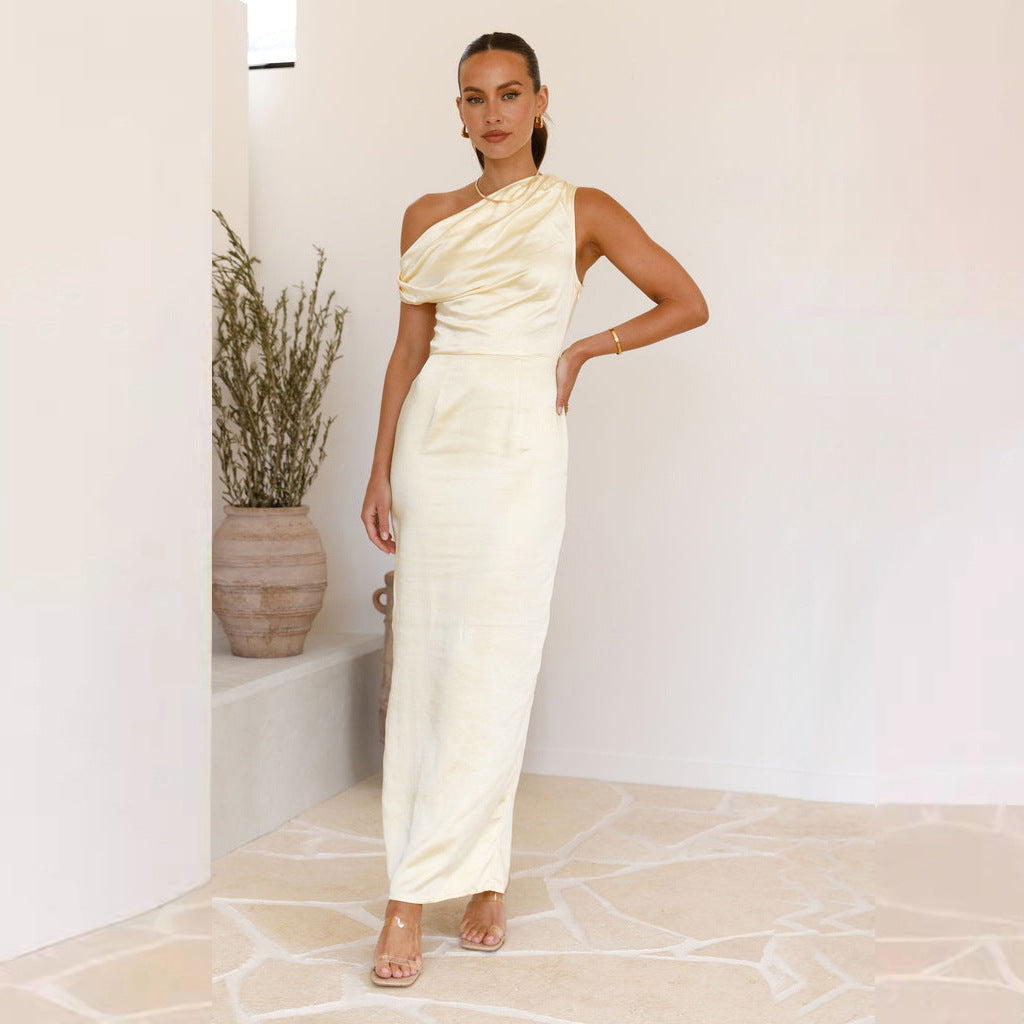 Women's One Shoulder Satin Midi Bodycon Dress
