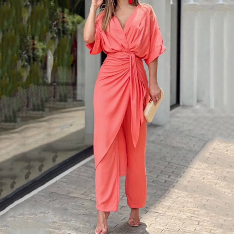 Ladies Casual 2 Piece V Neck Top Set