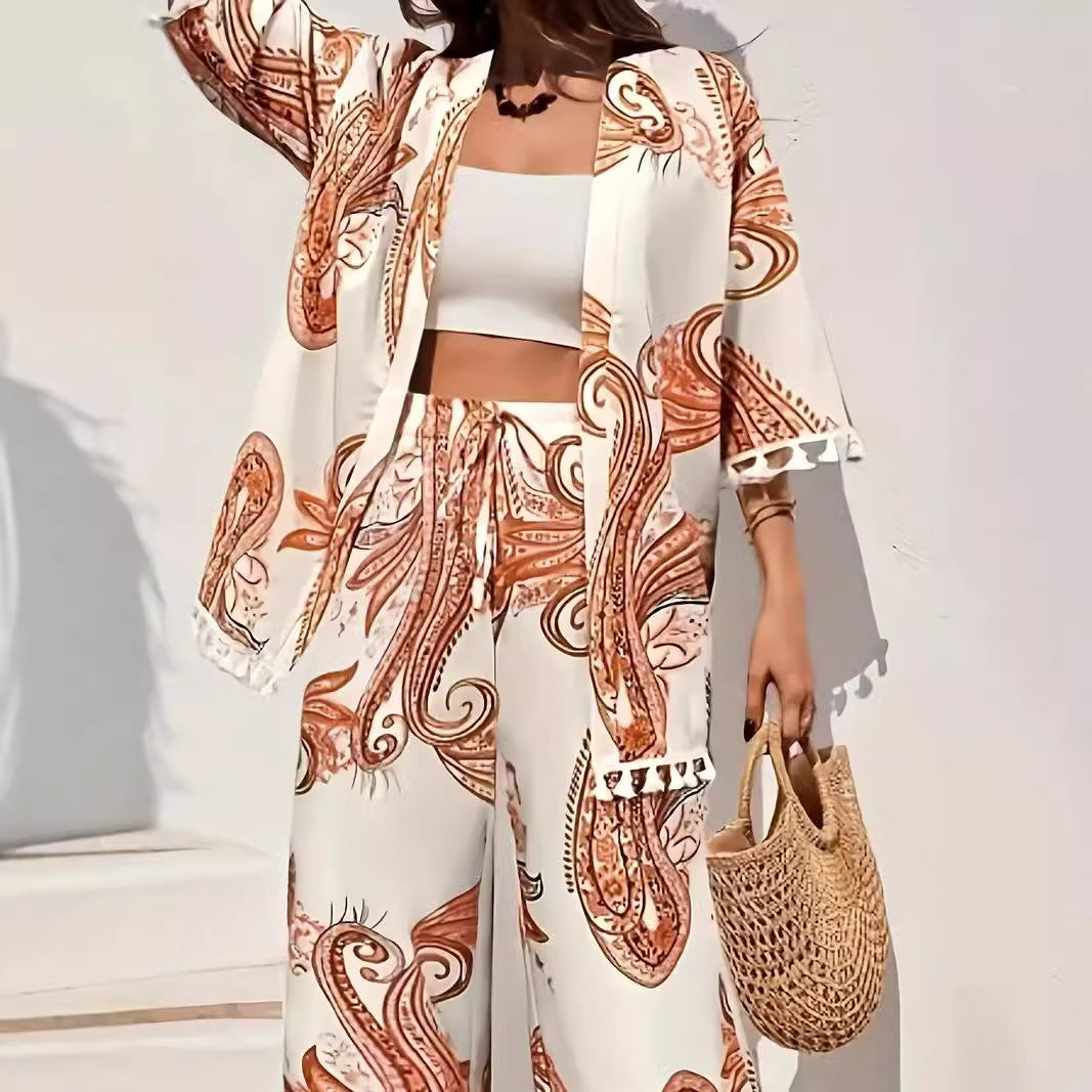 Women's Lounge Set - Comfortable Pants - Open Front Cardigan - Floral Print