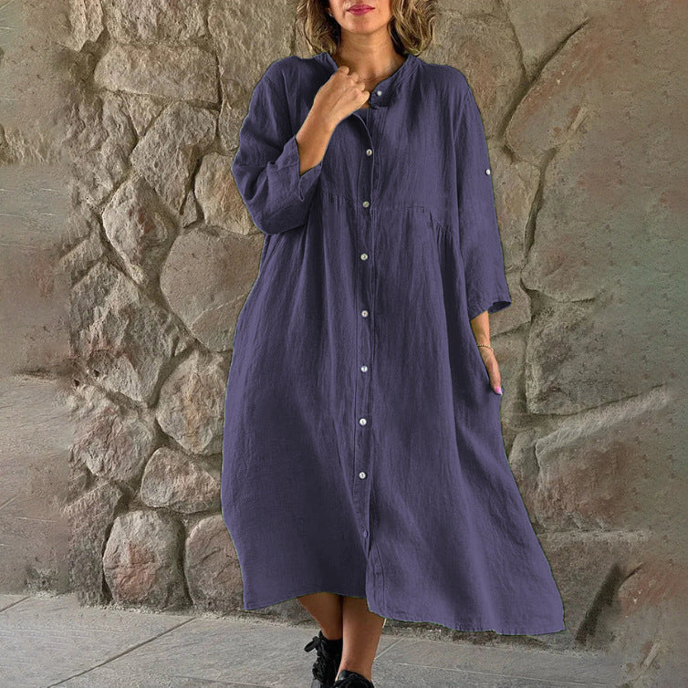 Comfy Women's Button Front Midi Dress with 3/4 Sleeves
