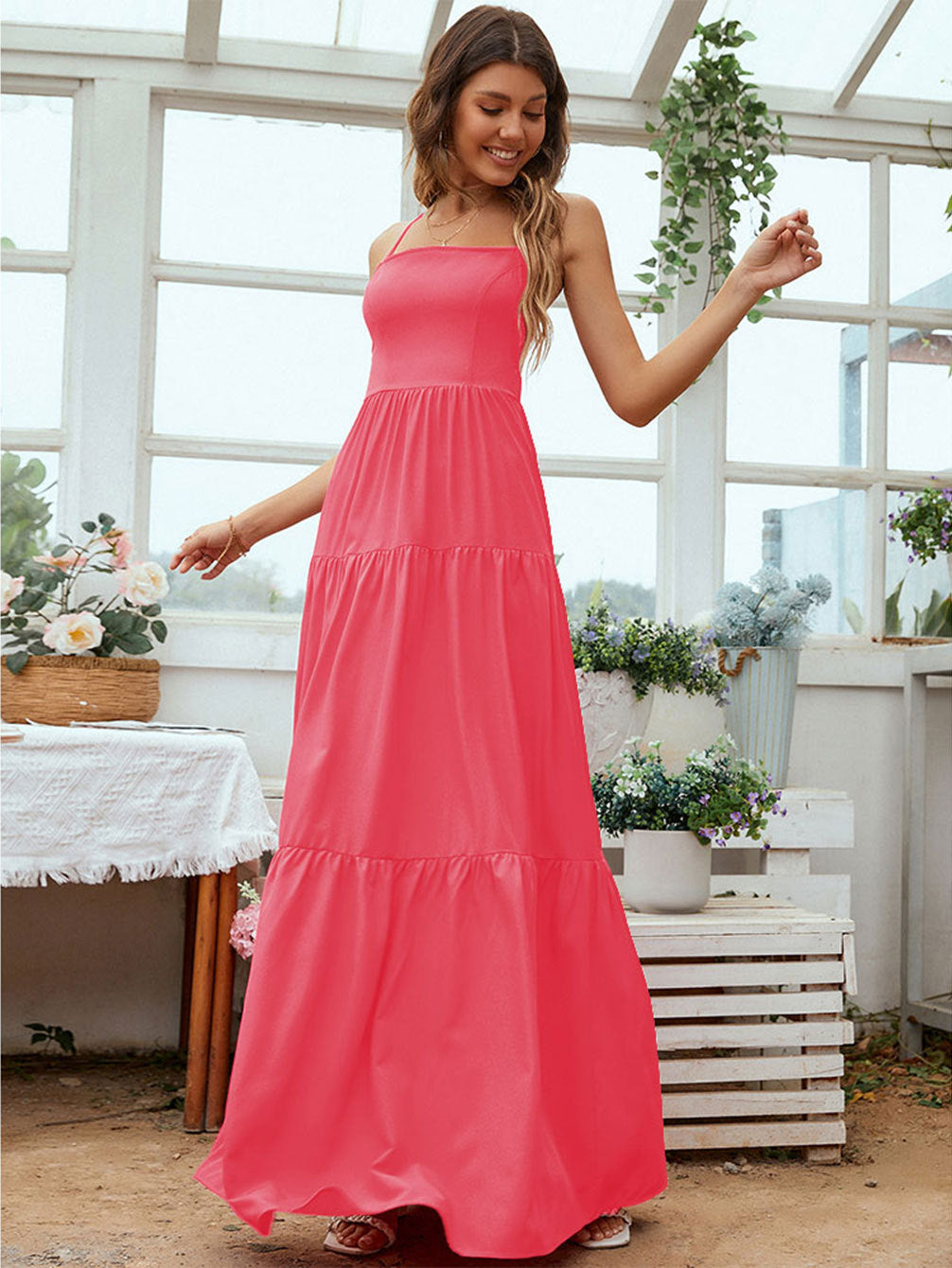 Ladies Formal Gown - Fitted Bodice - Tiered Skirt - Sleeveless Backless Style