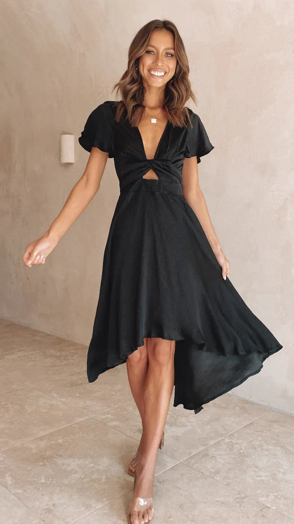 Elegant V Neck Tie Waist Midi Dress for Women