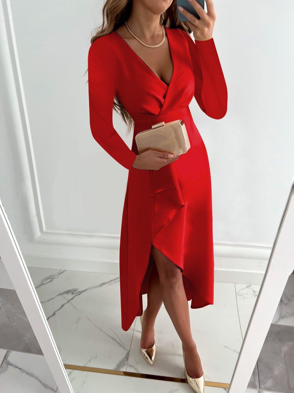 Fit and Flare V Neck Long Sleeve Dress