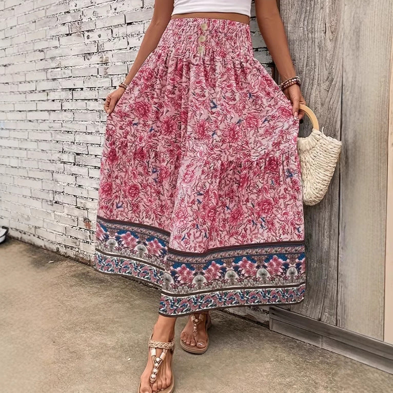 Flowy Long Floral Skirt with Elastic Waist