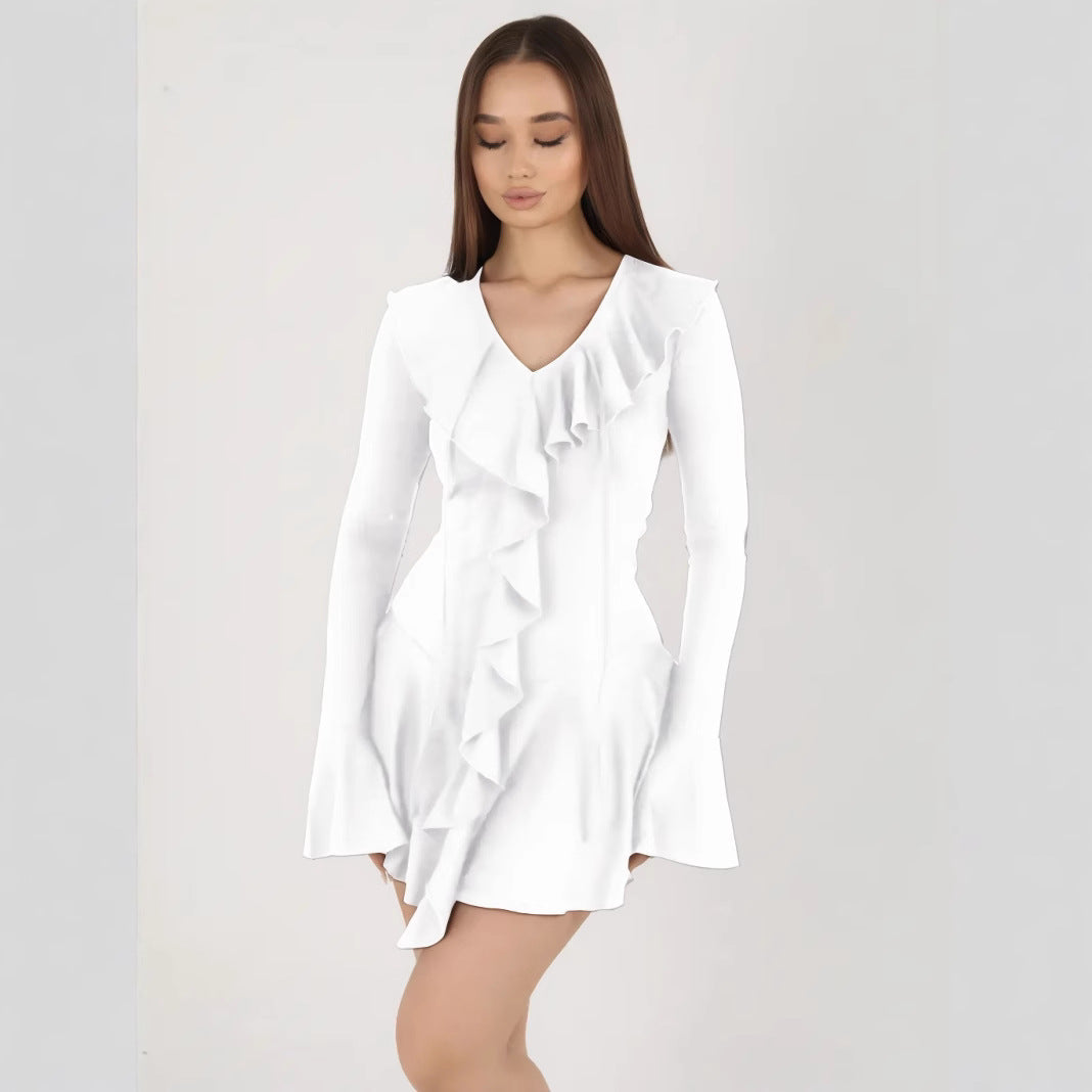 Feminine V Neck Ruffle Mini Dress for Women - Nocini