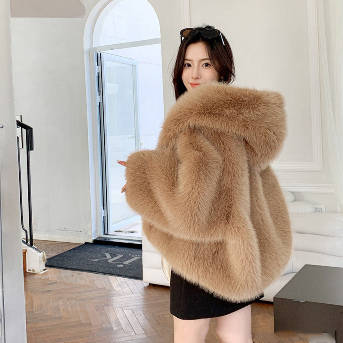 Plush Hooded Faux Fur Long Coat