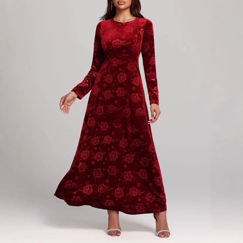 Luxurious Velvet Maxi Dress with Floral Pattern - Nocini