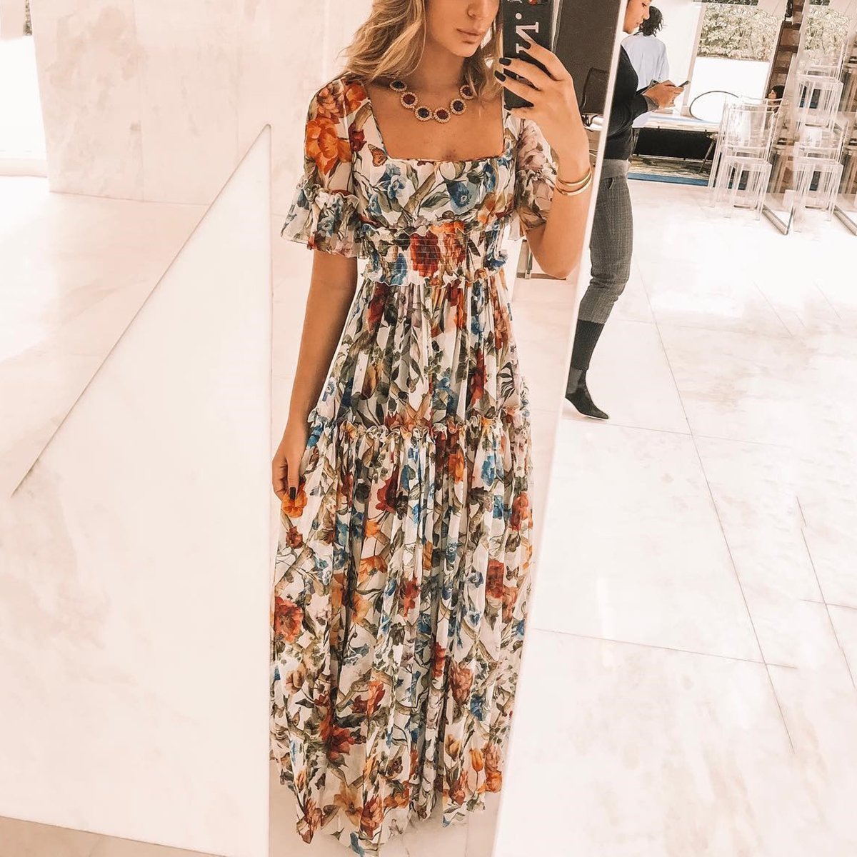 Loose Fit Maxi Dress with Ruffled Top and Flowy Skirt - Nocini