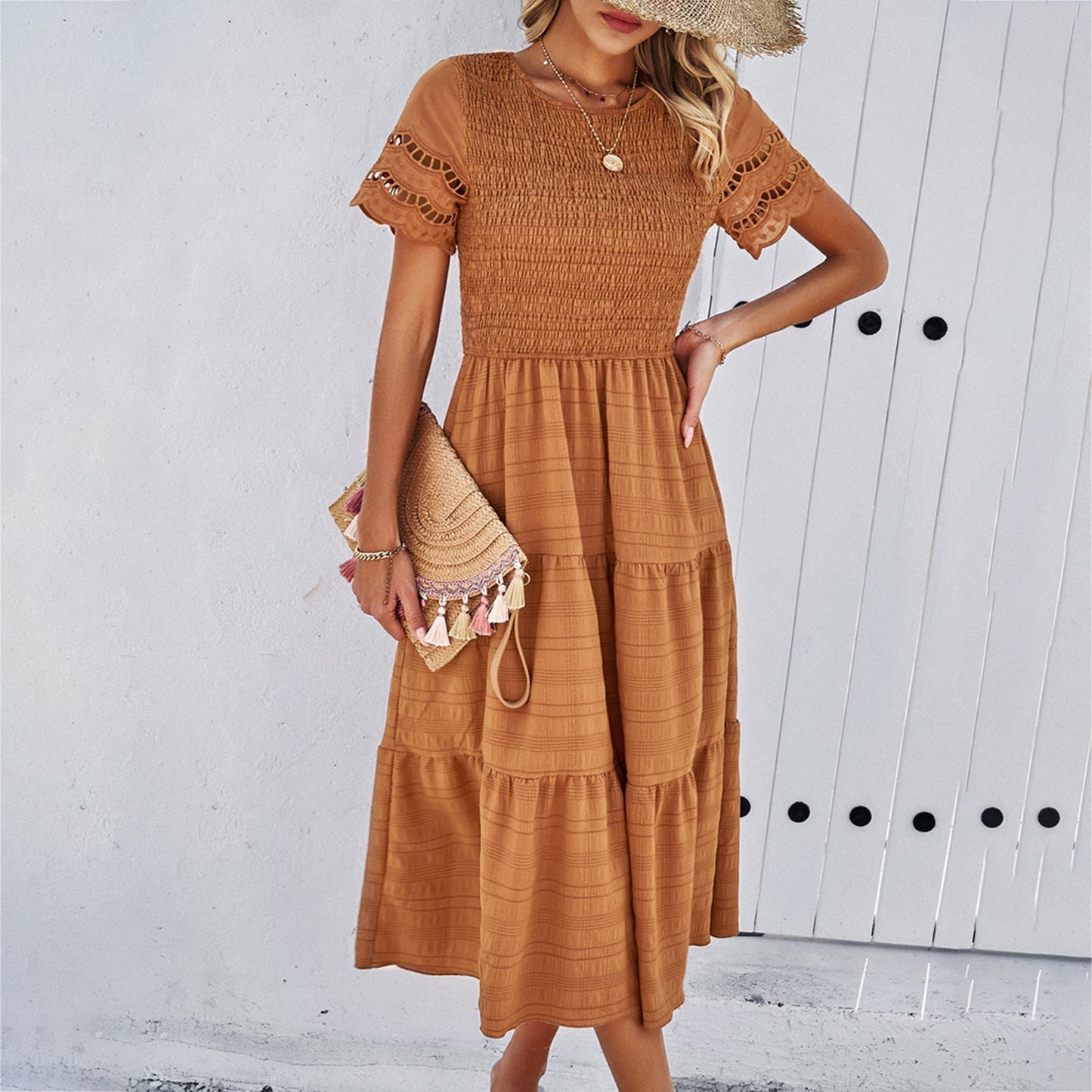 Relaxed Fit Women's Dress with Ruffled Top and Tiered Skirt