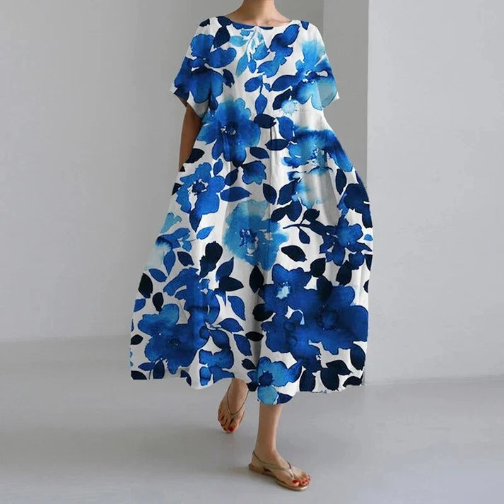 Casual V Neck Short Sleeve Floral Midi Dress with Pockets