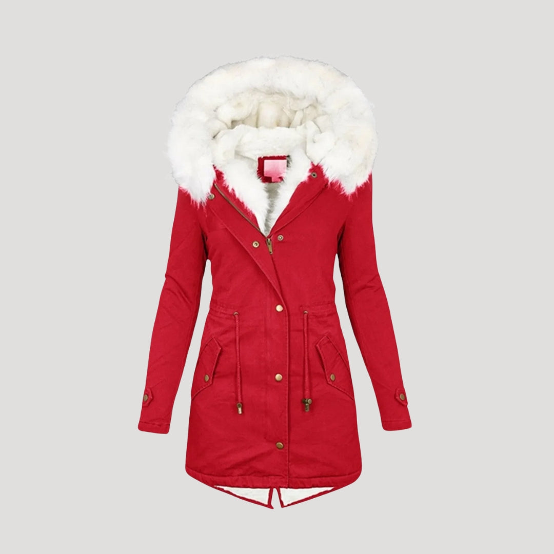 Warm Women's Coat with Fake Fur Hood