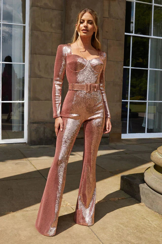 Glitter Party Jumpsuit with Fitted Top and Wide Legs